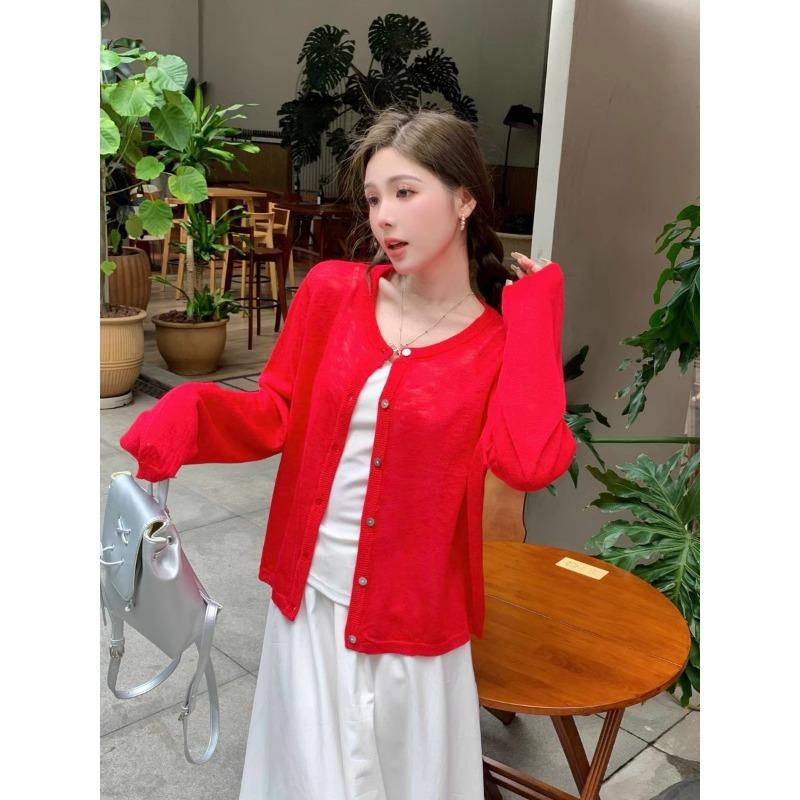 

Вязаный кардиган с круглым вырезом для женщин, Тонкий летний топ-халтер в корейском стиле, В сочетании с блузкой для защиты от солнца, Курткой-смок и коротким топом one size красный