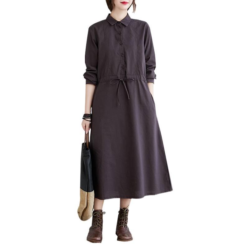 2025 Autumn Korean Style Cotton-Linen Polo Collar Elegant Long Sleeve Shirt Dress