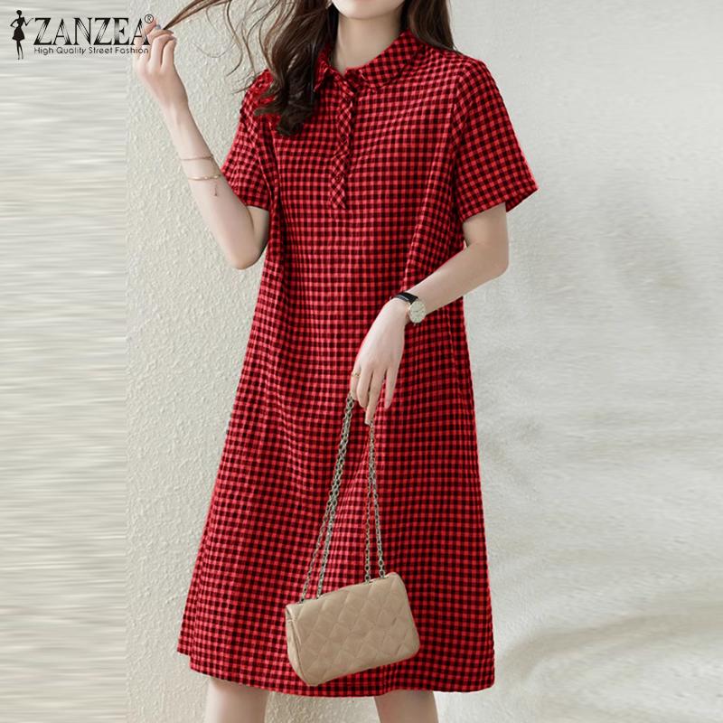 ZANZEA Damska koszula na co dzień z kołnierzykiem z krótkim rękawem, w kratę, luźna, prosta sukienka