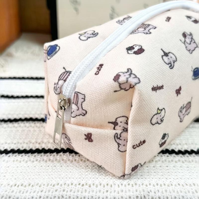 Cute Canvas Pencil Case Cartoon Elephant Print Smooth Zipper Big Storage For School Students