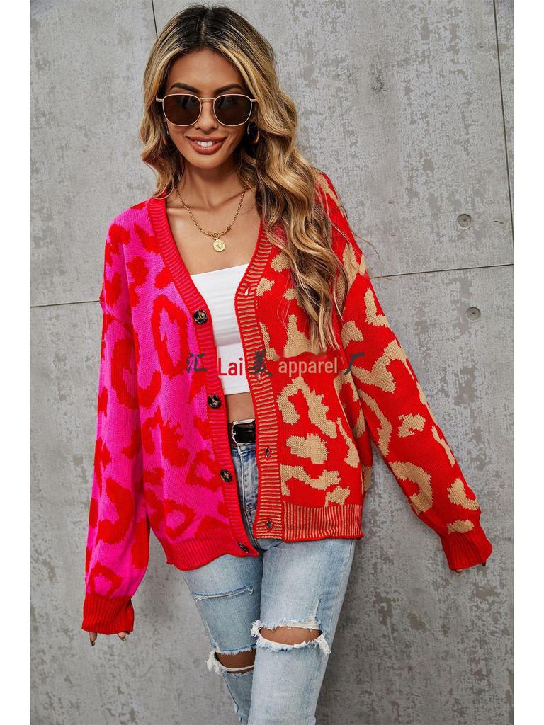 European & American Leopard Print Knitted Cardigan: Autumn/Winter, Mid-Length, Round Neck, Single-Breasted, Streetwear Style, Plus Size Sweater
