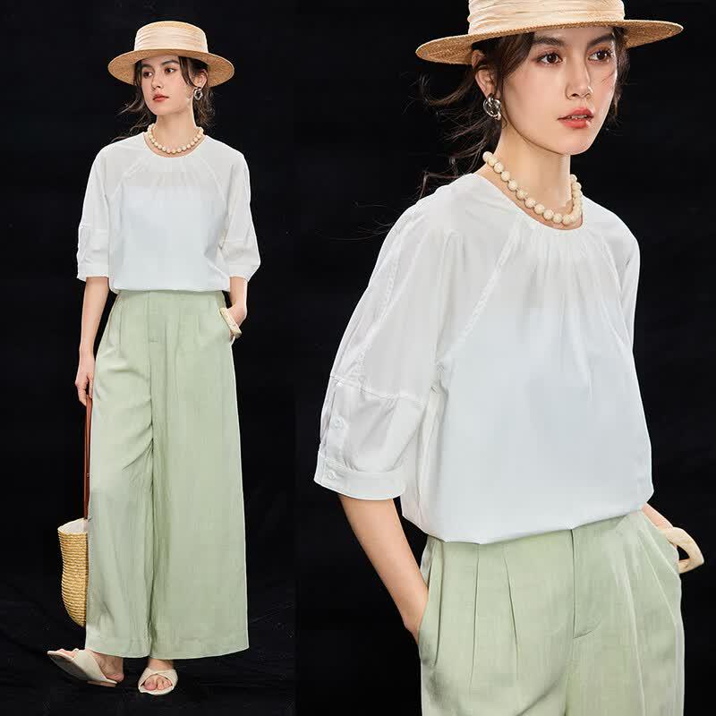 Wudao Women s Smooth Tencel Cotton Pleated T-shirt L
