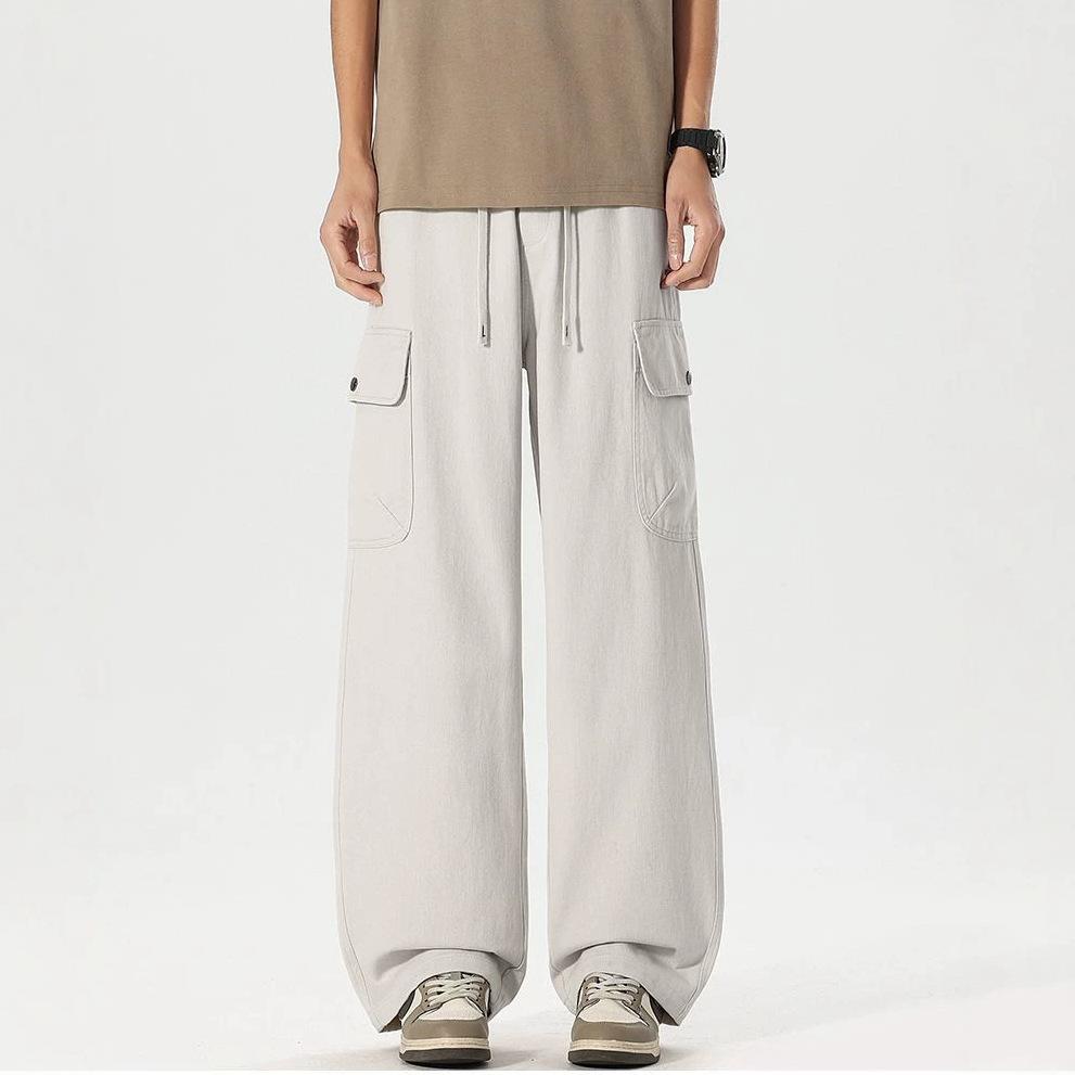 Spring and summer new pure cotton loose straight tooling wide-leg army green casual pants men's very light pants