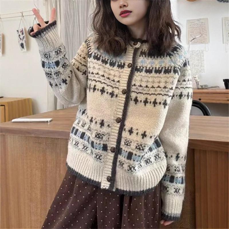 Dámský retro svetr kabát Fair Isle - Podzim/Zima Měkký žakárový úplet Volný kardigan