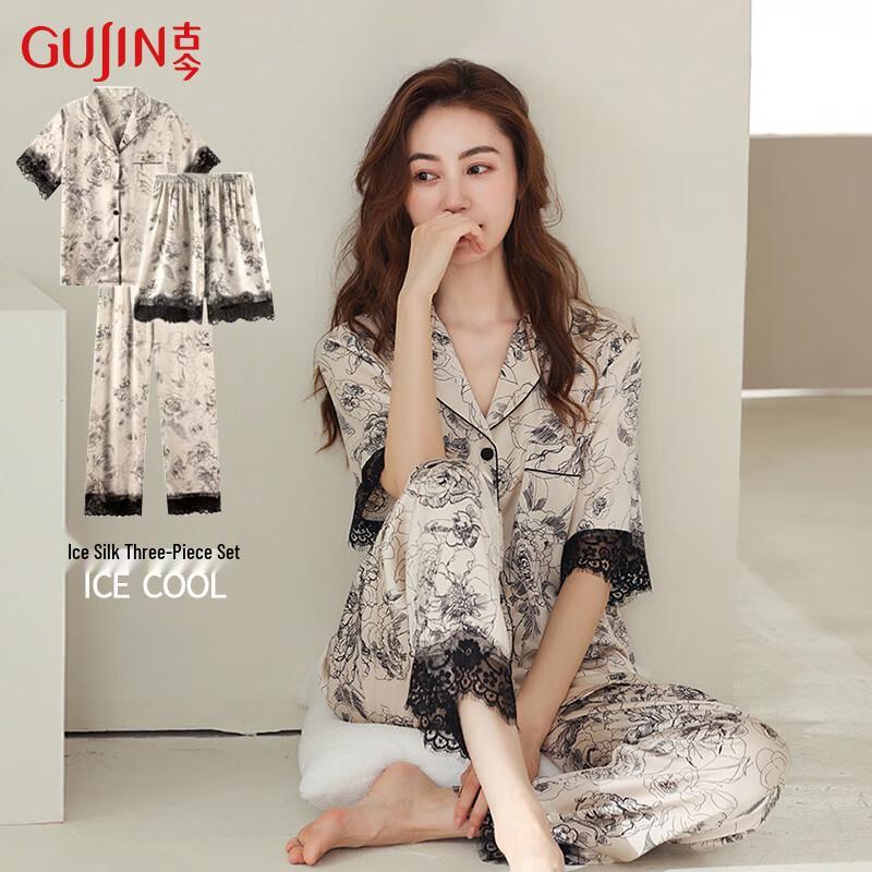 GUJIN Women s Ice Silk Chinese Style 3-Piece Pajama Set XL