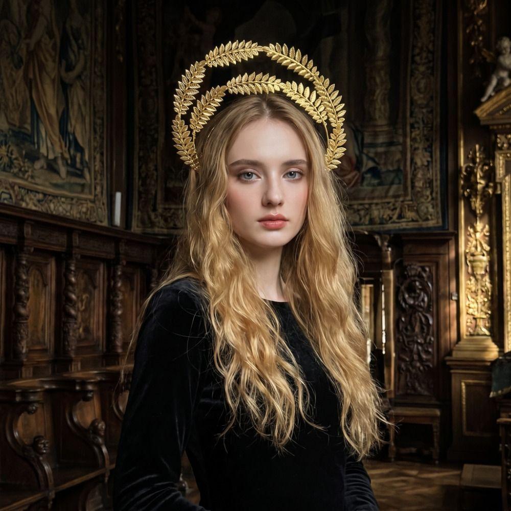 Gold Plated Sun Goddess Crown Wheat Ear Leaf Baroque Tiara Headband Artistic Photoshoot