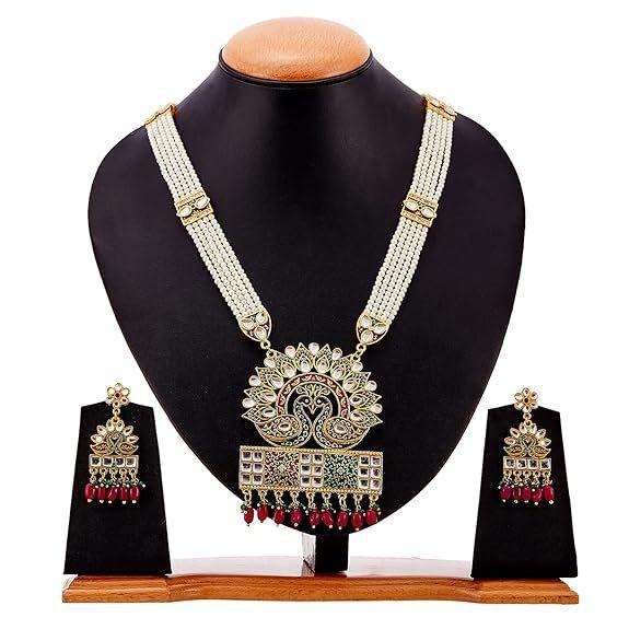 01 Jewellery Set Gold Plated Long Necklace Hyderabadi Design Pearl Peacock Necklace Set With Earring Jewellery For Women & Girls