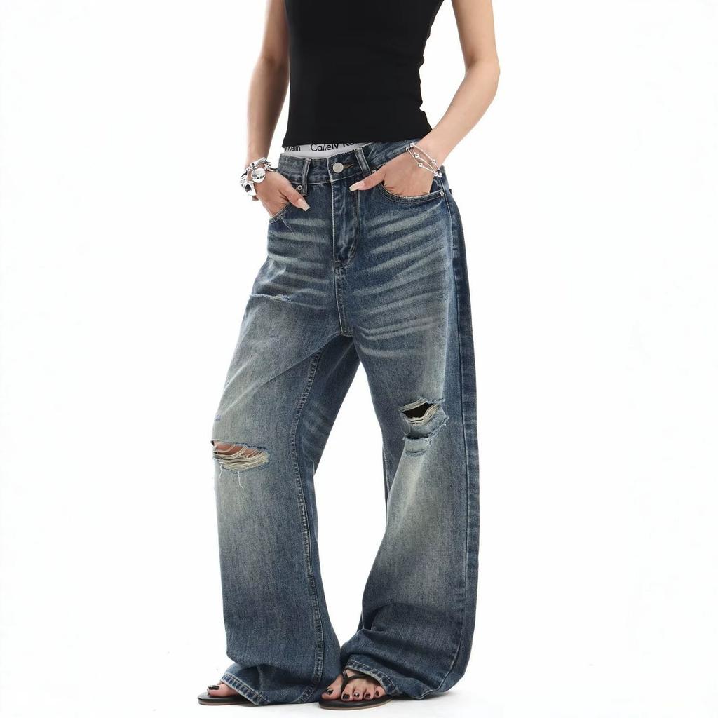 American high street retro washed cat whisker ripped jeans men's and women's design straight loose wide-leg pants fried street