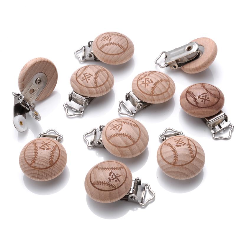10Pcs Round Printing Beech Wood Teething Clip Chew Soother Pacifier Clip Chain For Nipple Chain Clip Nursing Product Wholesale