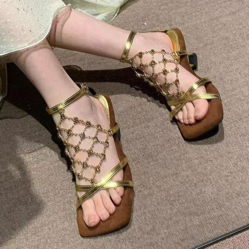 Fashion Temperament High Heels Women Summer Square Toe Open Toe Rhinestone Metal Mesh Strap Alien Heel Roman Sandals
