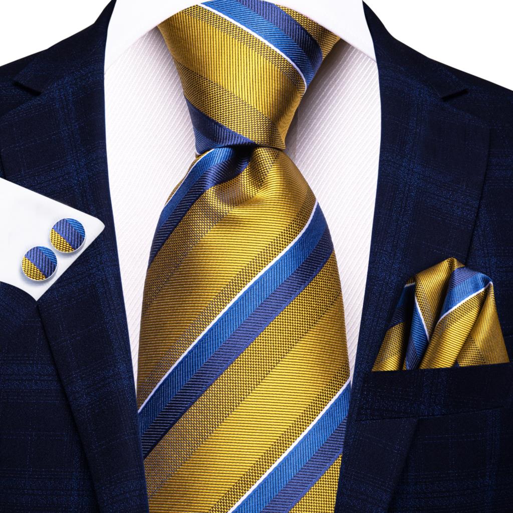 Hi-Tie Navy Blue Striped Silk Wedding Tie For Men Fashion Design Gift Men Necktie Hanky Cufflink Set Business Party Dropshiping