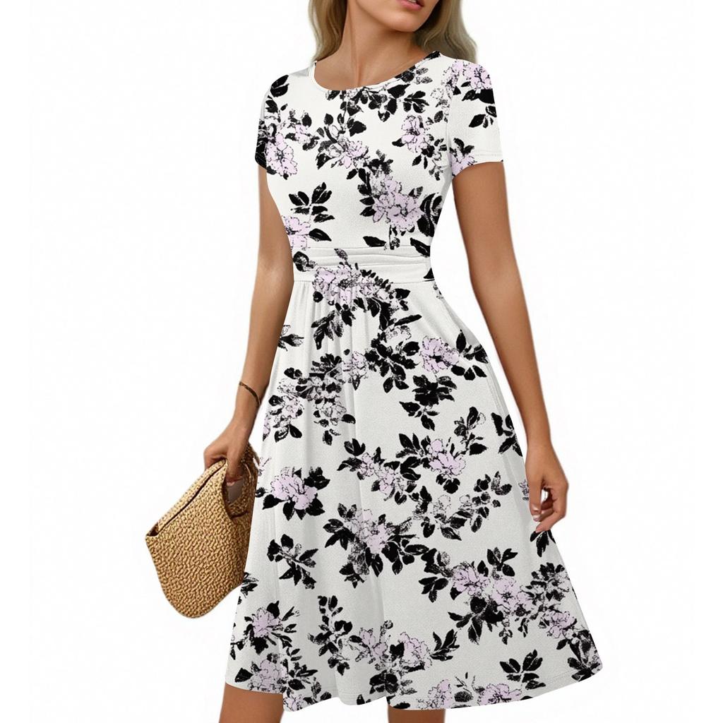 Women's Casual Fashion Round Neck Pleated Short Sleeve Retro Floral A-Line Midi Dress