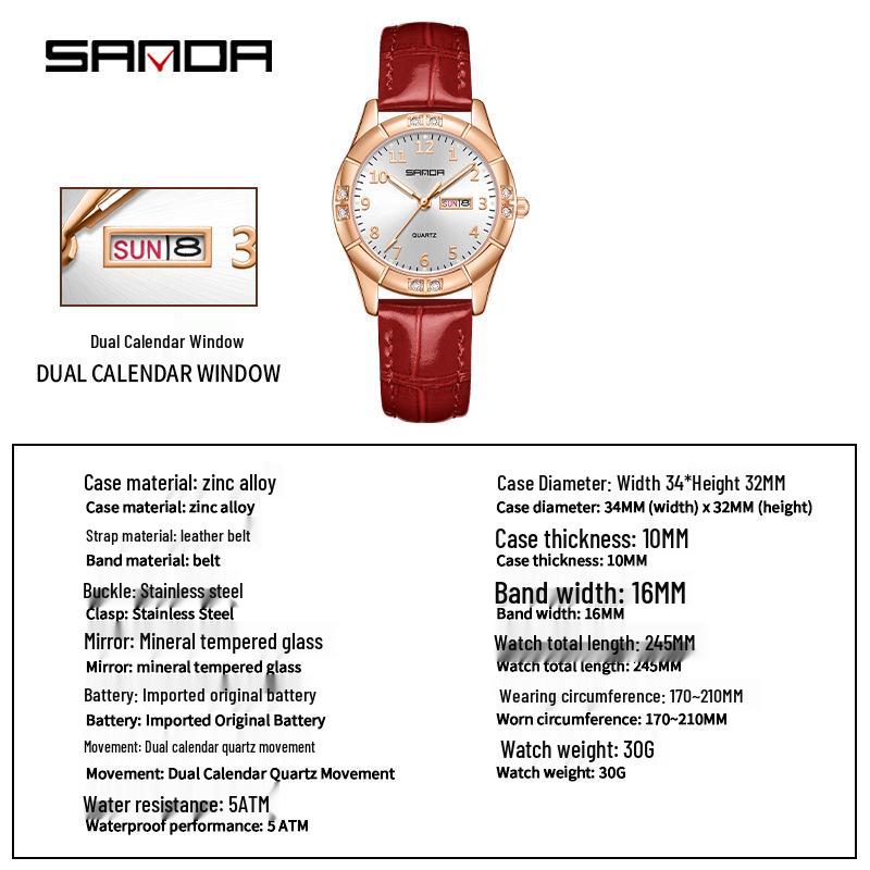 Sanda Junior High Student Retro Quartz Watch - Luminous, Dual Calendar, Waterproof, Sun Pattern, Fashionable Women's Style
