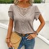 Summer Women's Hollow Out Short Sleeve Loose T-shirt, Thin Casual Minimalist Design Unique Crewneck Top