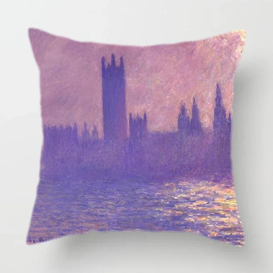 Claude Monet Polyester Printing Cushion Cover Sofa Landscape World Famous Oil Painting Throw Decorative Pillow Case Home Decor