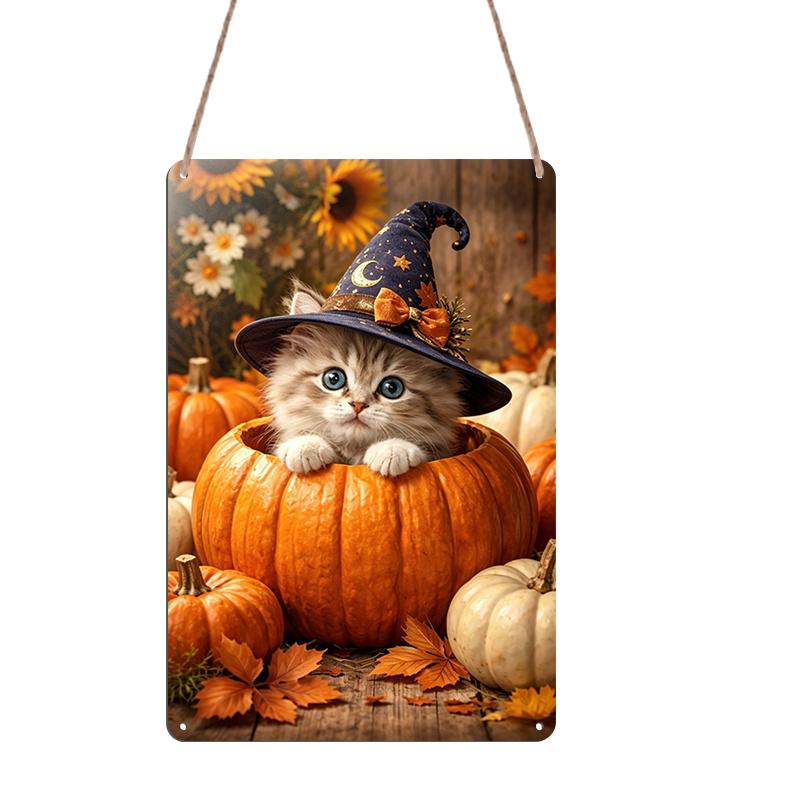 2D Flat, 1pc Autumn Maple Witch Kitty Aluminum Sign, Pumpkin Decorative Sign, Fun Decor, Halloween Artwork Wall Decor, Modern Wall Art, for Living
