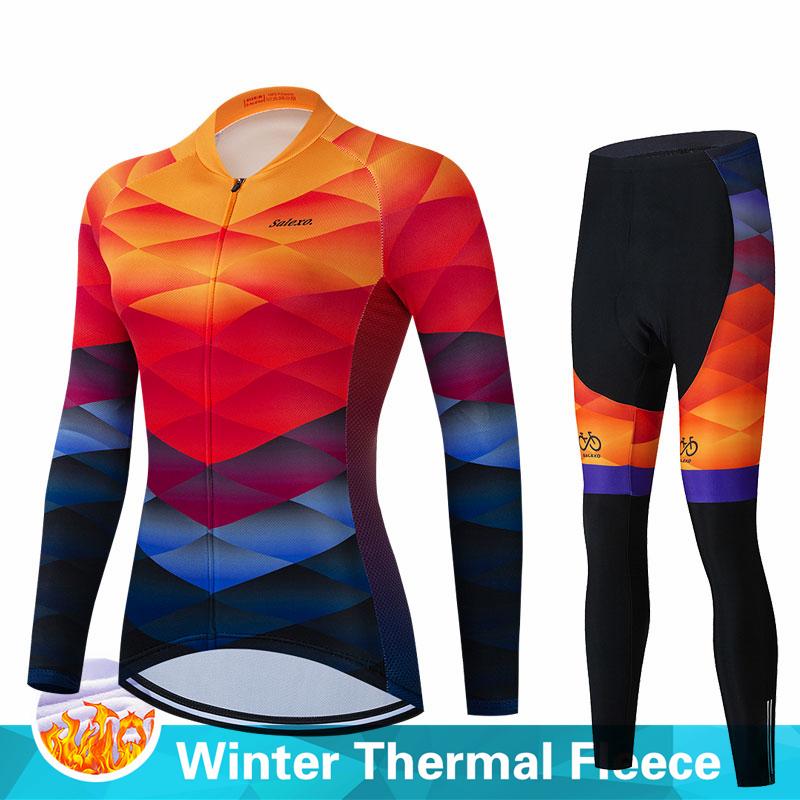 Warm 2023 Salexo Winter Thermal Fleece Cycling Clothes Women Jersey Suit Outdoor Bike MTB Clothing Bib Pants Set Ropa Ciclismo