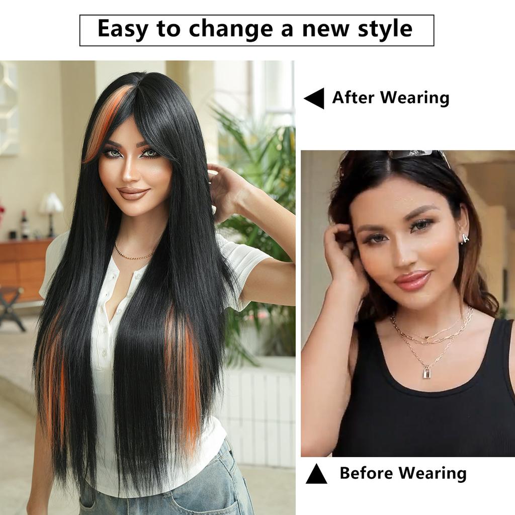 32" Extra Long Straight Wig for Cosplay – Vibrant Orange Base with Electric Blue Highlights Alt Fashion & Anime Conventions