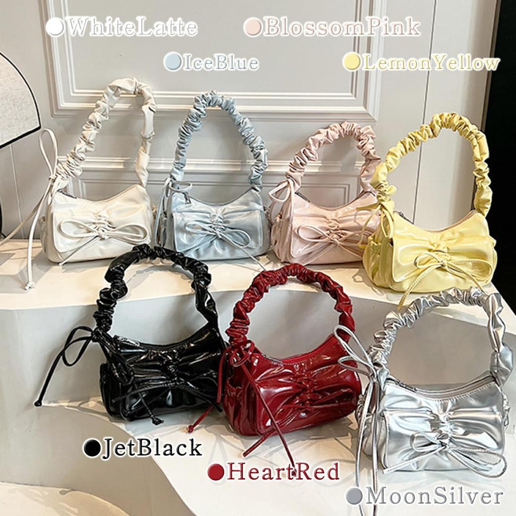 GOLWIS Ribbon Gathered Shoulder Bag with Small Handles, PU Leather, and Scrunchy Design. 2-Way Mini Shoulder Bag, Crossbody, or Handheld. Korean