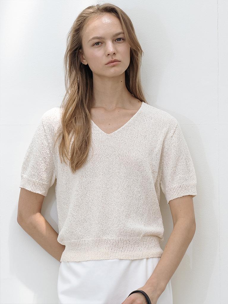 MORELIKEIT Whole Garment V-Neck Half-Sleeve Knit Pink Beige