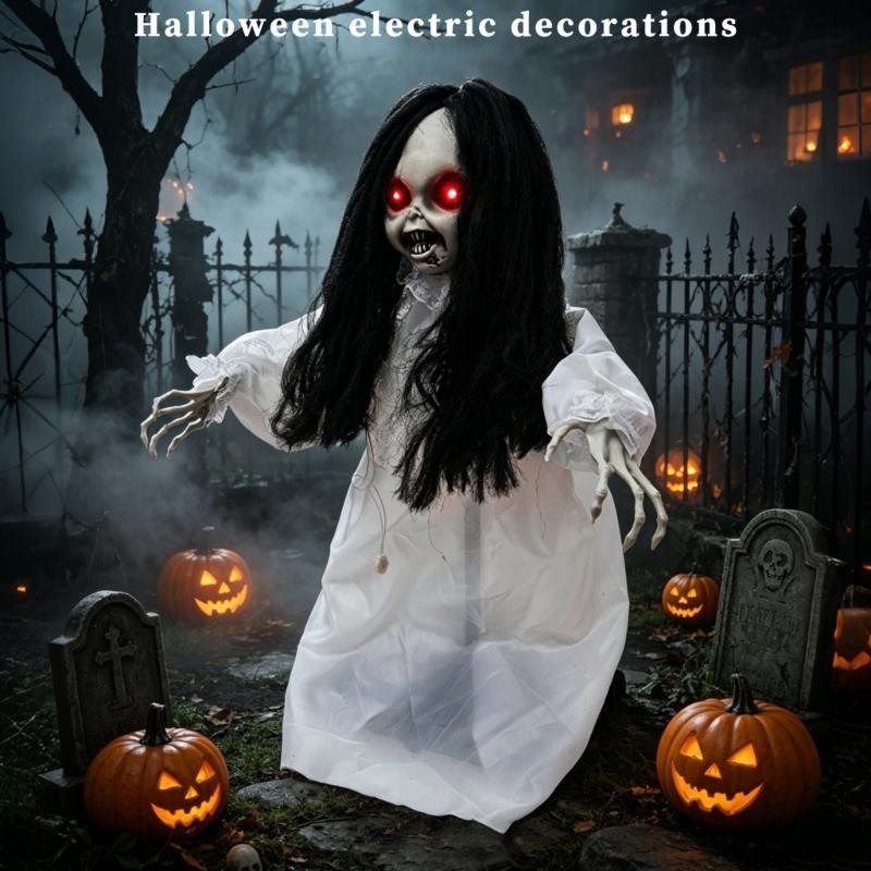 Sound Activated Halloween Hanging Figure with Red Light Up Face Detail, Animated Girl Party Decoration for Hallway, Corner, and Holiday Display