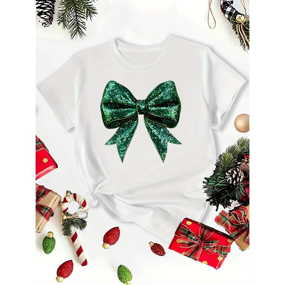 Women's Christmas Short Sleeve Green Sequin Bow Print Round Neck Casual T-Shirt Fashionable Clothing