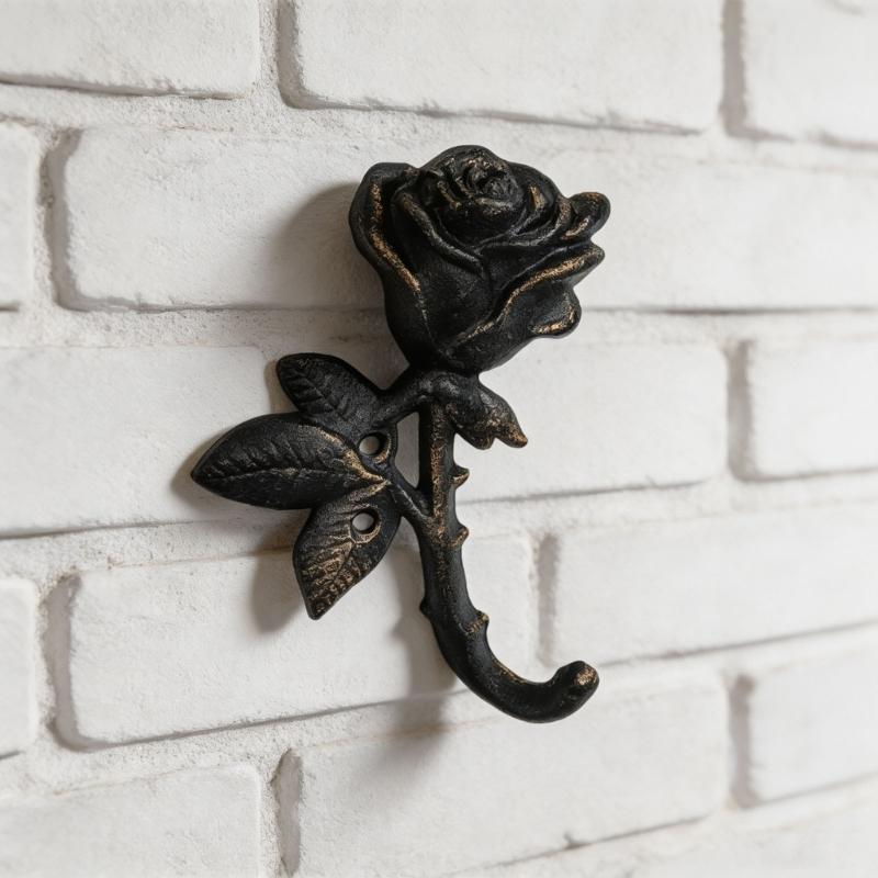 Metal Wall Hook With Rose Detail and Weathered Finish, Decorative Wall Mounted Hook for Keys Towels Aprons in Entryway Bathroom Kitchen or Hallway