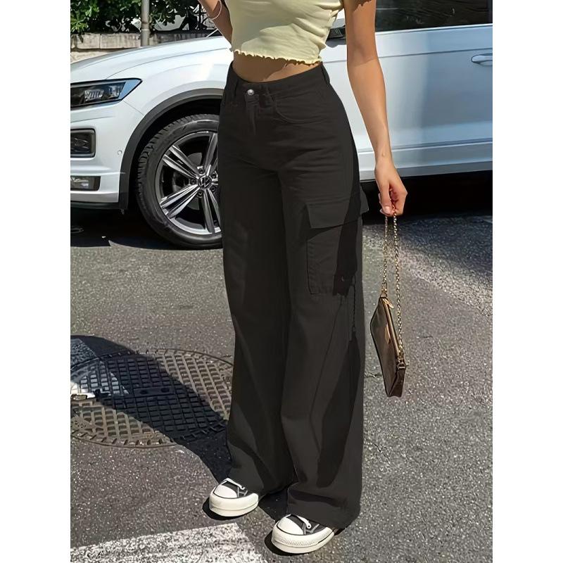 Frühlingsmode Straight Jeans Lässig Hohe Taille Ins Street Tasche Workwear Lockere Hosen