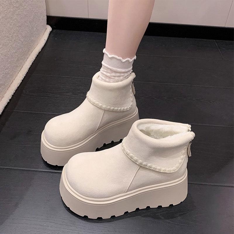 Leather thick-soled heightening snow boots women's new versatile short boots in autumn and winter, piled and thickened cotton shoes