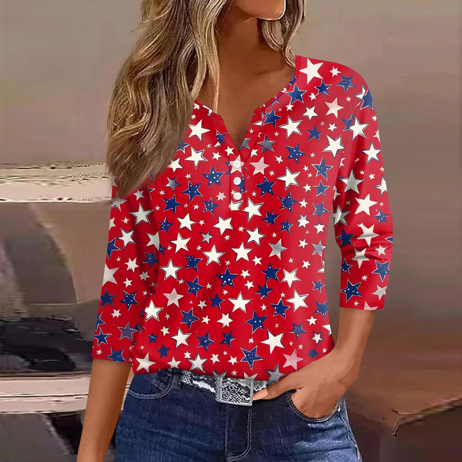 

Жіноча футболка з принтом на ґудзиках з рукавами 3/4, щоденна мода на вихідні, звичайний топ із V-подібним вирізом XL Кіновар