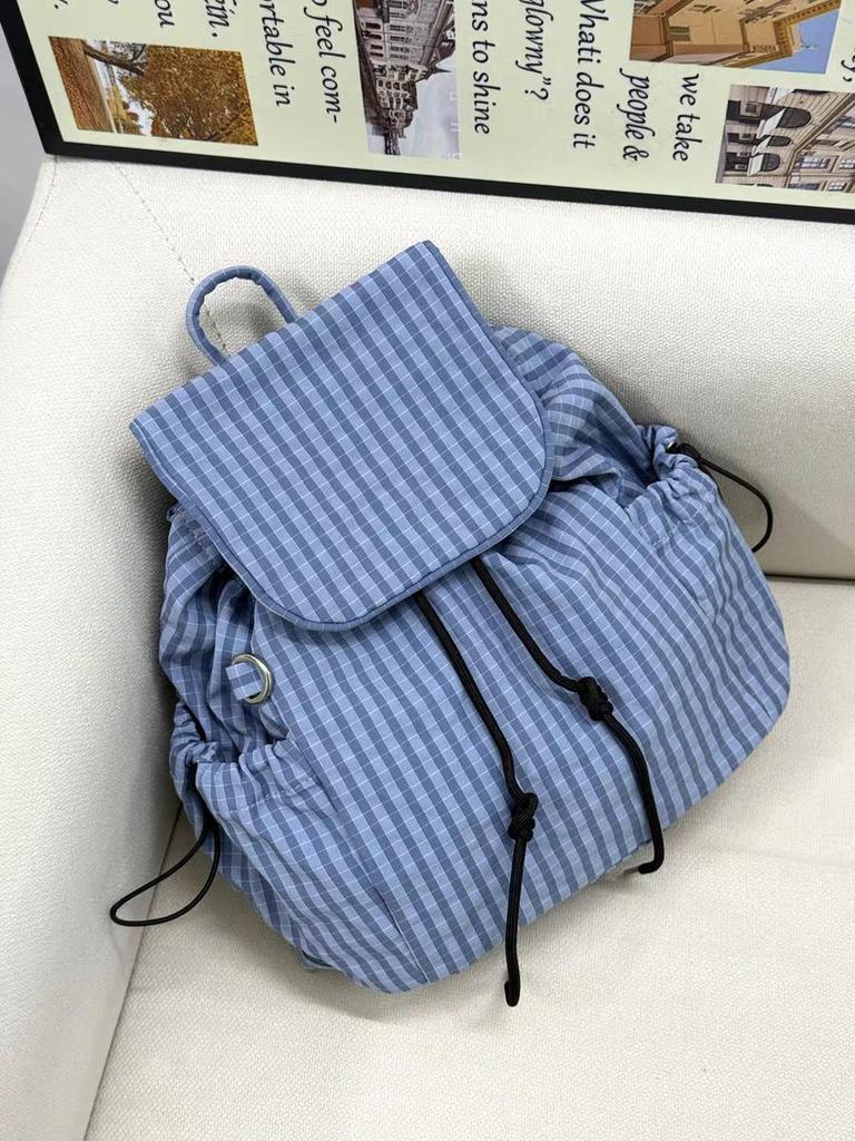 Korean Blue Plaid Canvas Backpack Women's 2025 New Large-capacity Drawstring Backpack College Style Commuter Schoolbag