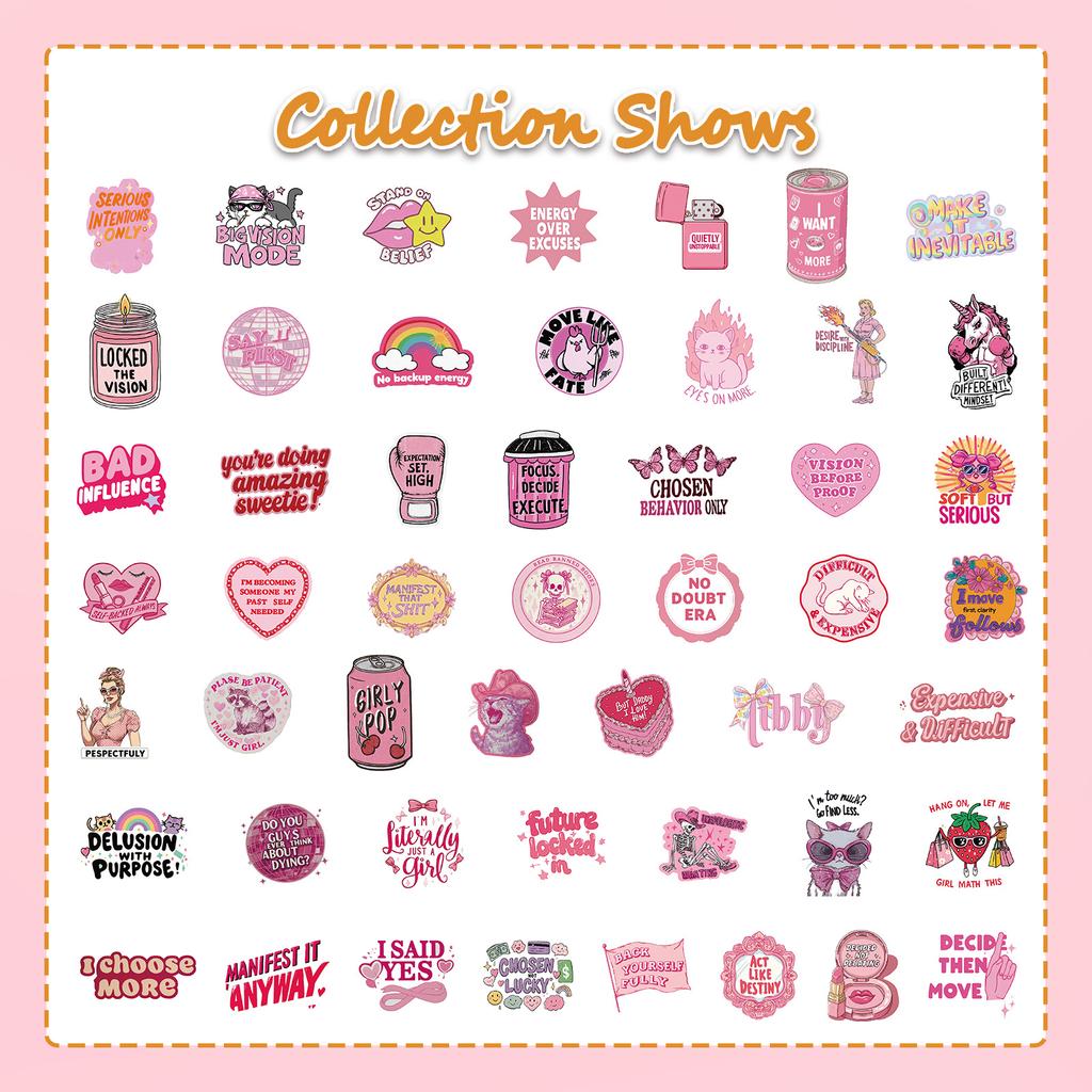 50 Pieces of Pink Fun Stickers for DIY Decoration of Handbooks, Phone Cases, Computer Posters, PVC Waterproofing