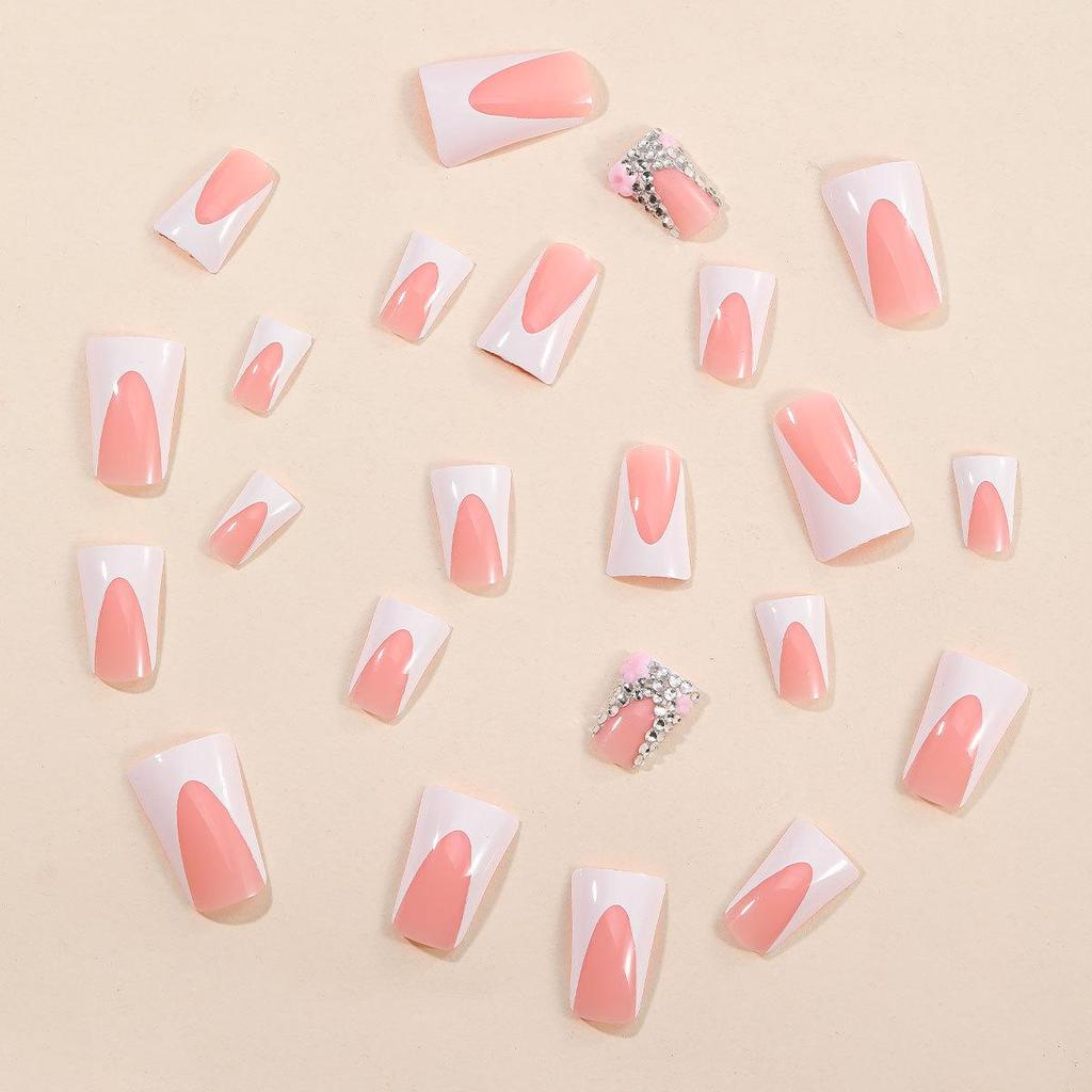 White French Tip Duckbill Press-On Nails with Five-Petal Flower & Rhinestones