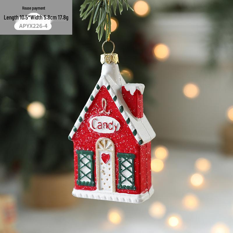 Red & White Painted Wooden House Christmas Ornaments: Car, Gift Cane, Donut, & Cloth Pendants