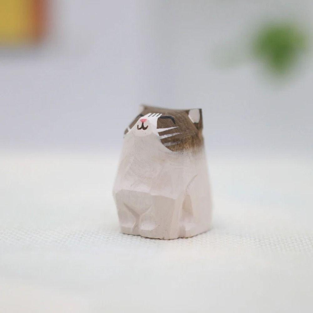 Cute Wooden Animal Figurine Painted Small Animal Dolls Desktop Accessories Kitten Sculpture Gift