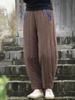 Johnature Women Warm Winter Straight Pants Cotton Linen Vintage Elastic Waist Trouser Solid Color Patchwork Pockets Pants