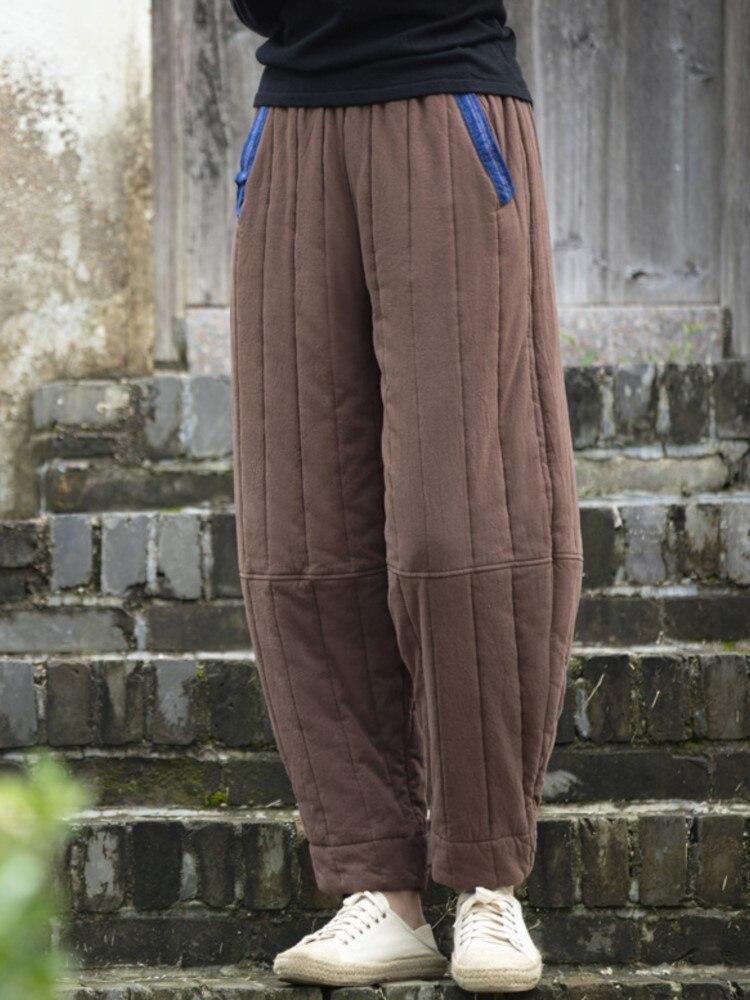 Johnature Women Warm Winter Straight Pants Cotton Linen Vintage Elastic Waist Trouser Solid Color Patchwork Pockets Pants