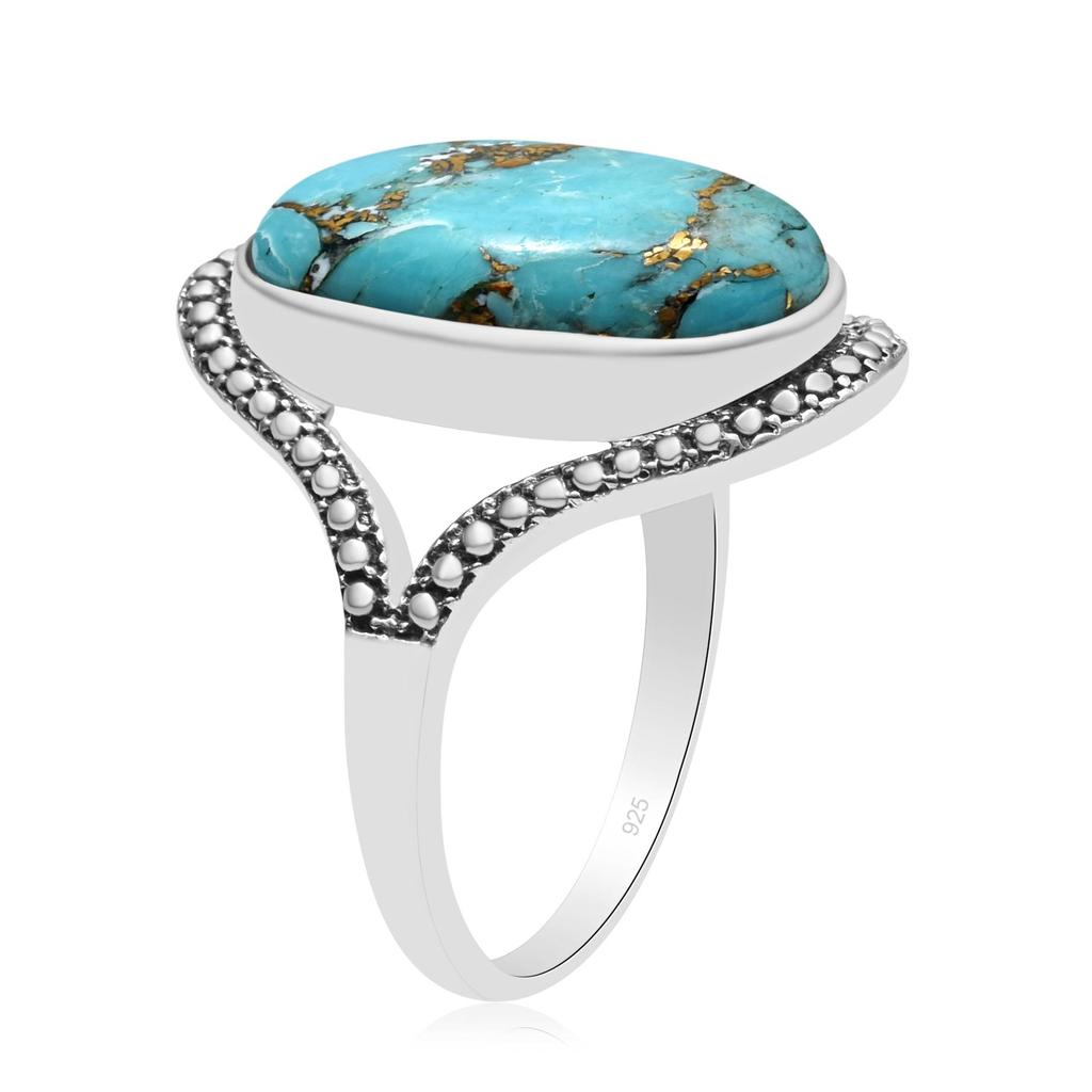 Blue Copper Turquoise Gemstone Solid 925 Sterling Silver Eye Shape Ring For Women & Girls