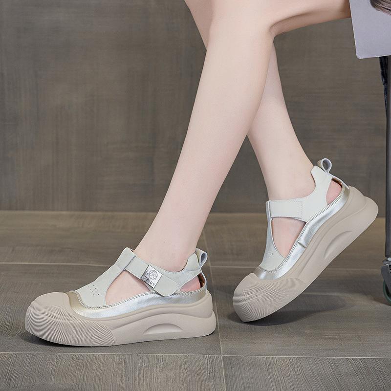 Sandálias de verão novas com sola grossa, bico de bolsa, sapatos de cobertura de leite, ocos, respiráveis, casuais retrô, sapatos de plataforma