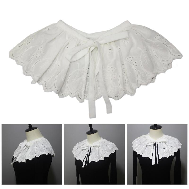 Fashion White Detachable False Collar Ruffle Shawl Wrap Women Elegant Hollow Out Embroidery Leaves Decorative Capelet