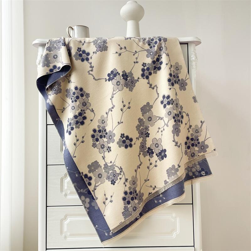Vintage Elegant Plum Blossom Imitation Cashmere Thickened Warm Scarf For Women Winter Gift