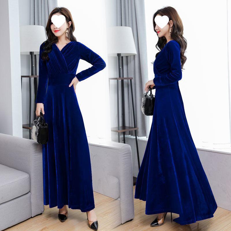 2025 Gold Velvet Long Slim Dress with Long Sleeves - Plus Size Women's Spring/Autumn Fashion
