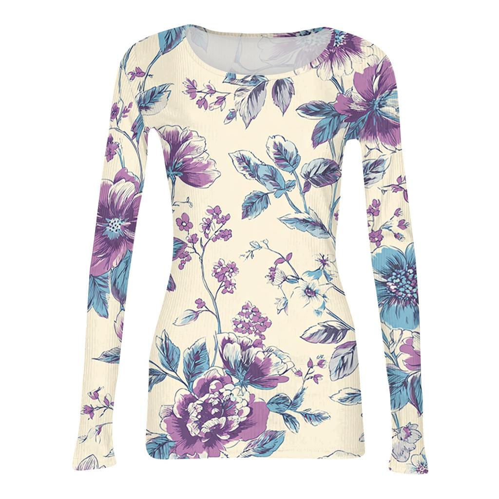 Women Casual Long Sleeve Crewneck Floral Print Ribbed Top Lightweight Pullover Loose Fit Soft Breathable Shirt for Daily Wear
