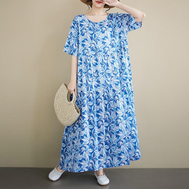 Kısa kollu Artı boyutu vintage çiçekli yeni kadınlar için elbiseler gündelik gevşek uzun yazlık elbise