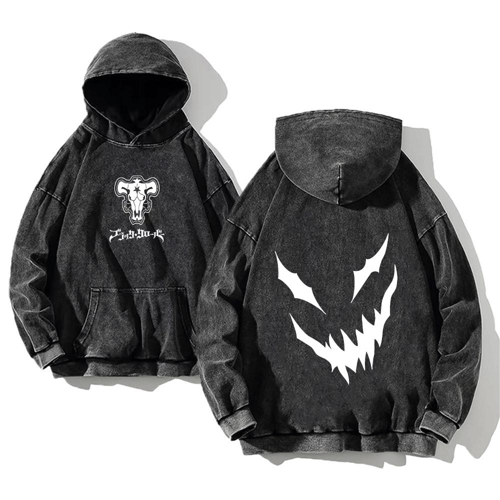 Japanese Anime Black Clover Asta Logo Printed Washed Hooded Men Vintage Hoodies Plus Size Sweatshirt Harajuku Cotton Streetwear