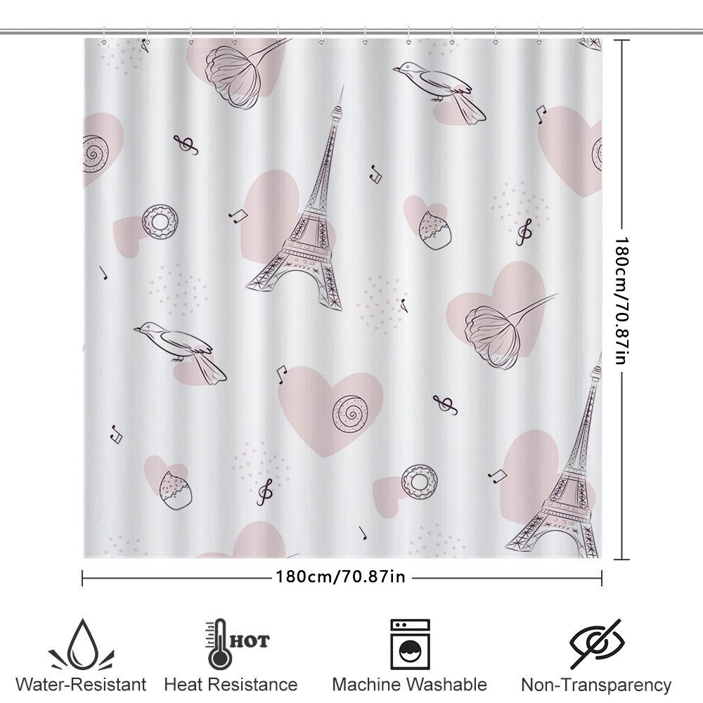 Eiffel Tower Shower Curtain: Romantic French Decor With Musical Notes Hearts Pink Bath Liner For Bathroom Universal Fit (White,