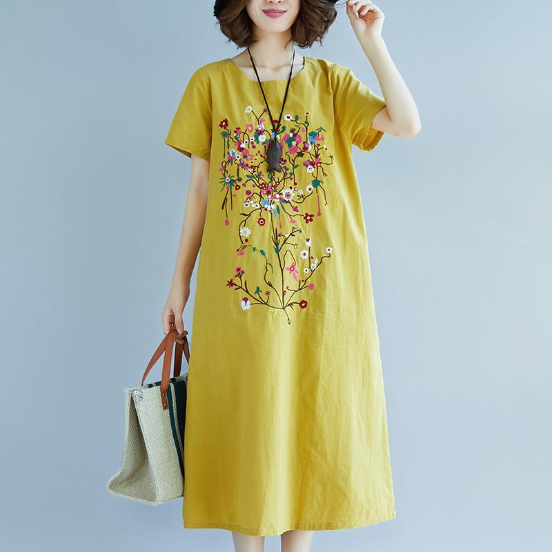 Summer Ethnic Embroidered Cotton Linen Dress Women's Vintage Loose Casual Short Sleeve Midi Dresses