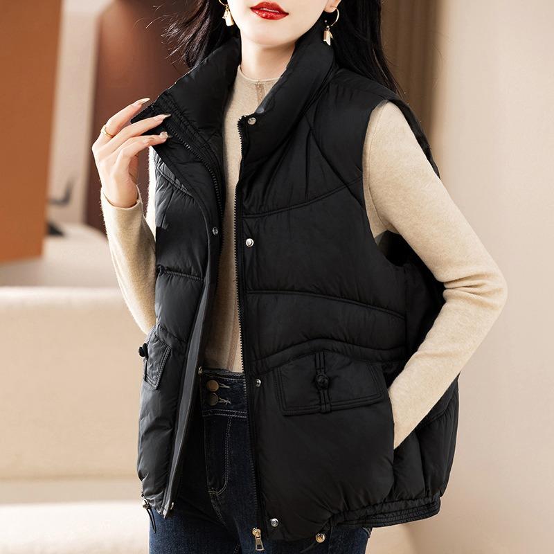 New stand-up collar women's style down cotton vest short vest solid color temperament large pocket vest