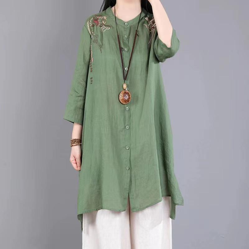 Summer 2024 Cotton Linen Embroidered Stand Collar Mid-Length Lightweight Sun Protection Cardigan Shirt