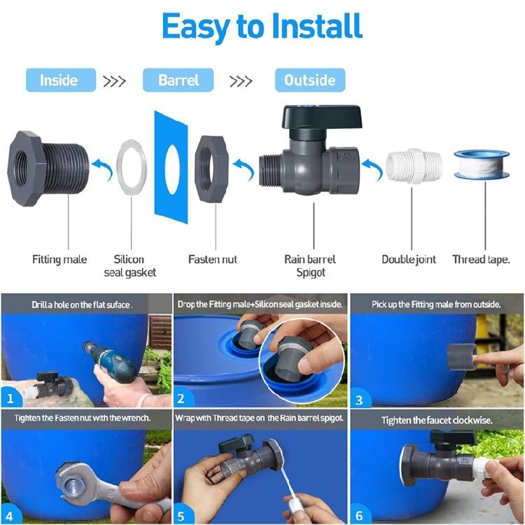 Multipurpose Barrels Faucet 3/4 Inch Water Tap Adapters Set For Plastic Container Conversion To Functional Rain Barrels